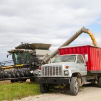 harvester and farm truck in a field