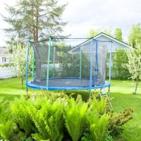 blue trampoline in a backyard with a garden